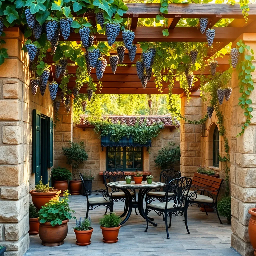 Tuscan Courtyard Pergola (Stone Walls & Grapevine Arbors)