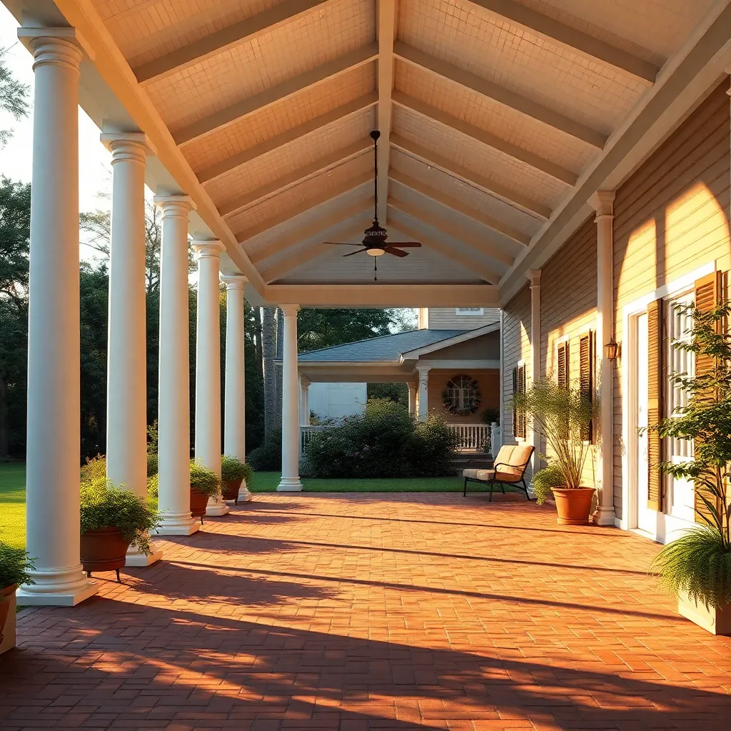 Classic Colonial Veranda (White Columns & Brick Flooring)