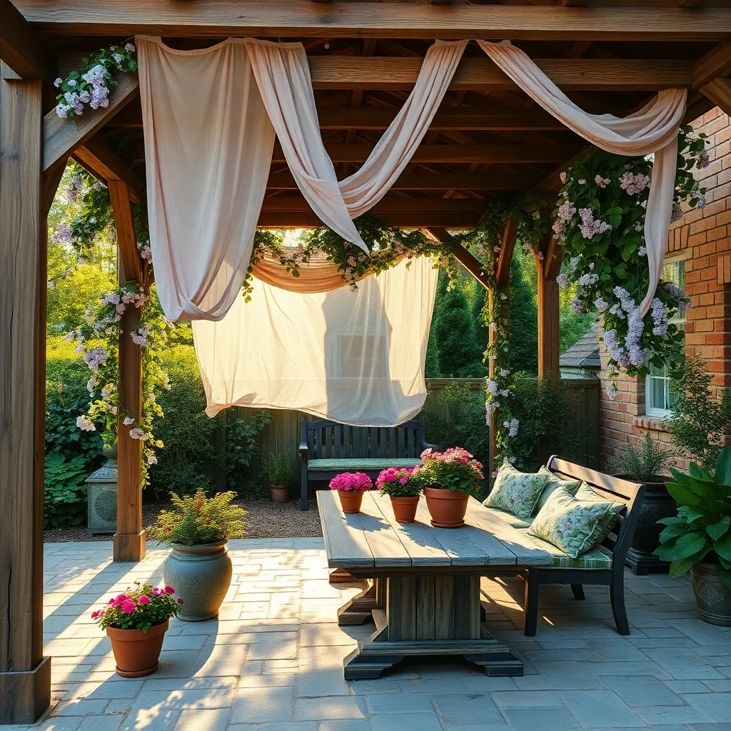 Cottage Garden Pergola (Floral Drapes & Rustic Charm)